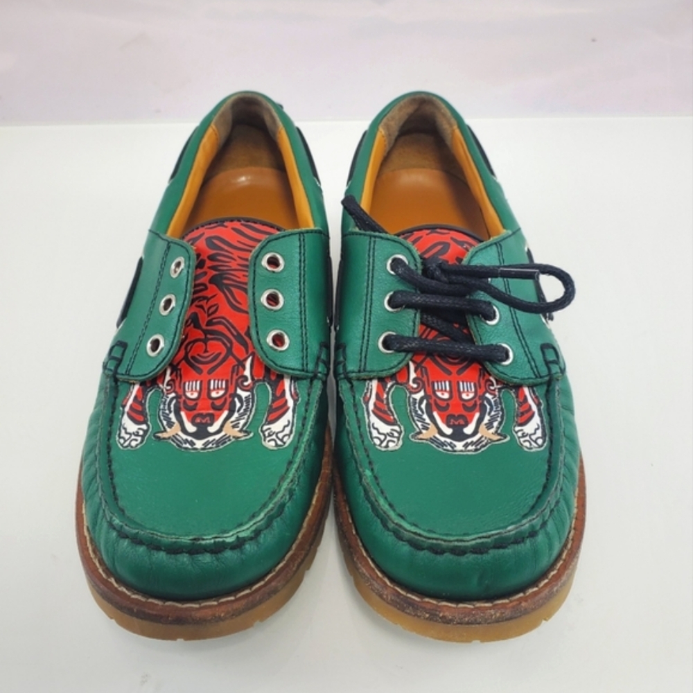 NWT$420 Gucci Boy's Green Leather Loafer w/ Red Animal Print Sz Gucci 30 US 12.5 - Picture 4 of 12